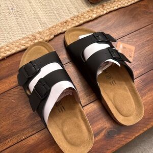 Project Cloud-Buckle Slide Sandals with Tan Footbed